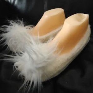 Lot Of (2) Slippers - White Fur Ball Slippers And Green Fur Slide Slippers
